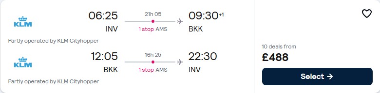Click here to book this cheap flight deal. Cheap flights from Inverness, Scotland to Bangkok, Thailand for only £488 roundtrip with KLM. Flight deal ticket image.