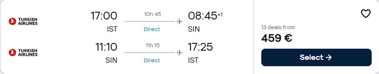 Click here to book this cheap flight deal. Non-stop flights from Istanbul, Turkey to Singapore for only €471 roundtrip with Turkish Airlines. Flight deal ticket image.