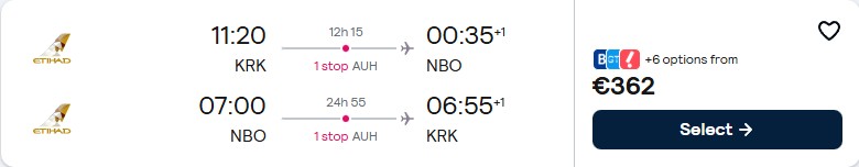 Cheap flights from Krakow, Poland to Nairobi, Kenya for only €362 roundtrip with Etihad Airways. Flight deal ticket image.