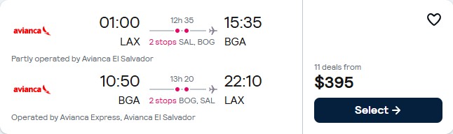 Cheap flights from Los Angeles to Bucaramanga, Colombia for only $395 roundtrip with Avianca. Flight deal ticket image.