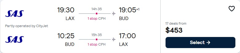 Cheap flights from Los Angeles to Budapest, Hungary for only $453 roundtrip with Scandinavian Airlines. Flight deal ticket image.