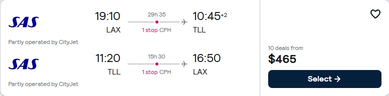 Click here to book this cheap flight deal. Cheap flights from Los Angeles to Tallinn, Estonia for only $467 roundtrip with Scandinavian Airlines. Flight deal ticket image.