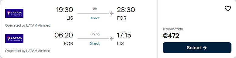 Non-stop flights from Lisbon, Portugal to Fortaleza, Brazil for only €472 roundtrip with LATAM Airlines. Flight deal ticket image.