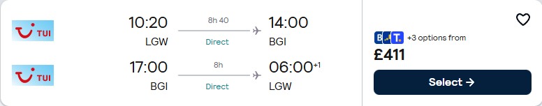 Non-stop flights from London, UK to Barbados for only £411 roundtrip. Flight deal ticket image.