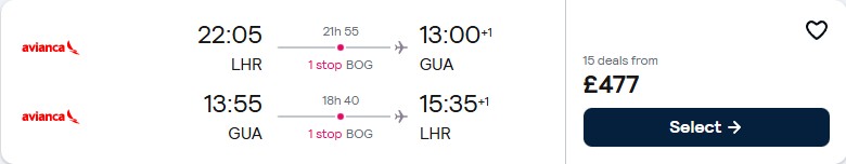 Cheap flights from London, UK to Guatemala City, Guatemala for only £477 roundtrip with Avianca. Flight deal ticket image.