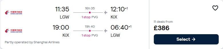 Click here to book this cheap flight deal. Cheap flights from London, UK to Osaka, Japan for only £386 roundtrip. Flight deal ticket image.