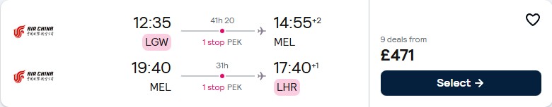 Click here to book this cheap flight deal. Cheap flights from London, UK to Melbourne, Australia for only £471 roundtrip. Flight deal ticket image.