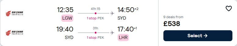 Click here to book this cheap flight deal. Cheap flights from London, UK to Sydney, Australia for only £538 roundtrip. Flight deal ticket image.