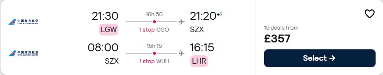 Click here to book this cheap flight deal. Cheap flights from London, UK to Shenzhen, China for only £357 roundtrip. Flight deal ticket image.