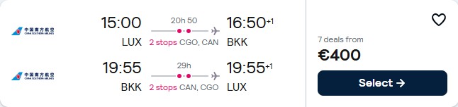 Click here to book this cheap flight deal. Cheap flights from Luxembourg to Bangkok, Thailand for only €400 roundtrip. Flight deal ticket image.