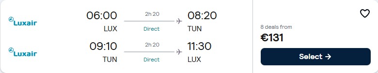 Non-stop flights from Luxembourg to Tunis, Tunisia for only €131 roundtrip. Flight deal ticket image.