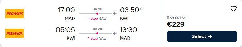 Click here to book this cheap flight deal. Cheap flights from Madrid, Spain to Kuwait City, Kuwait for only €229 roundtrip. Flight deal ticket image.