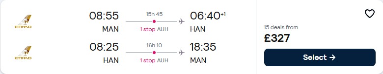 Cheap flights from Manchester, UK to Hanoi, Vietnam for only £327 roundtrip with Etihad Airways. Flight deal ticket image.