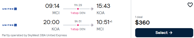 Summer flights from Kansas City to Kona, Hawaii for only $360 roundtrip with United Airlines. Also works in reverse. Flight deal ticket image.
