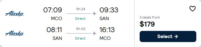 Click here to book this cheap flight deal. Non-stop flights from Orlando, Florida to San Diego for only $179 roundtrip with Alaska Airlines. Also works in reverse. Flight deal ticket image.