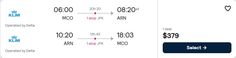 Cheap flights from Orlando, Florida to Stockholm, Sweden for only $379 roundtrip with Delta Air Lines. Flight deal ticket image.