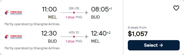 Cheap flights from Melbourne, Australia to Budapest, Hungary for only $1057 AUD roundtrip. Flight deal ticket image.