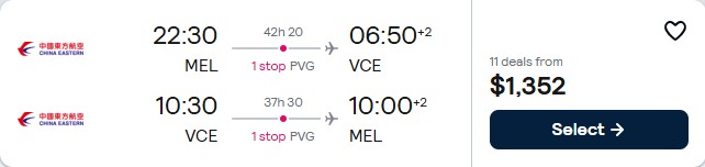Cheap flights from Melbourne, Australia to Venice, Italy for only $1352 AUD roundtrip. Flight deal ticket image.
