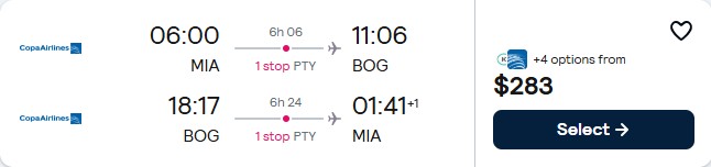 Cheap flights from Miami to Bogota, Colombia for only $283 roundtrip with Copa Airlines. Flight deal ticket image.