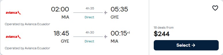Non-stop flights from Miami to Guayaquil, Ecuador for only $244 roundtrip with Avianca. Flight deal ticket image.