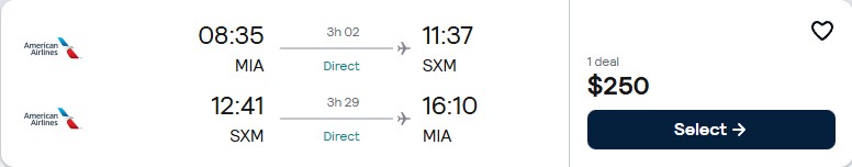 Non-stop flights from Miami to St. Martin for only $250 roundtrip with American Airlines. Flight deal ticket image.