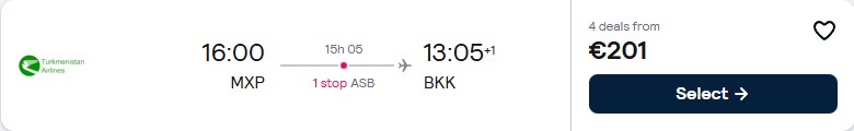 Click here to book this cheap flight deal. Cheap flights from Milan, Italy to Bangkok, Thailand for only €201 one-way. Flight deal ticket image.