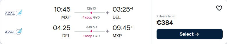Cheap flights from Milan, Italy to Delhi or Mumbai, India from only €384 roundtrip. Flight deal ticket image.