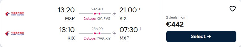 Click here to book this cheap flight deal. Cheap flights from Milan, Italy to Osaka, Japan for only €442 roundtrip. Flight deal ticket image.