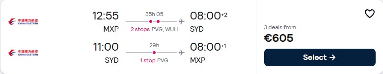 Click here to book this cheap flight deal. Cheap flights from Milan, Italy to Sydney, Australia for only €605 roundtrip. Flight deal ticket image.