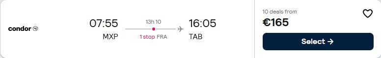 Cheap flights from European cities to Tobago from only €165 one-way. Flight deal ticket image.