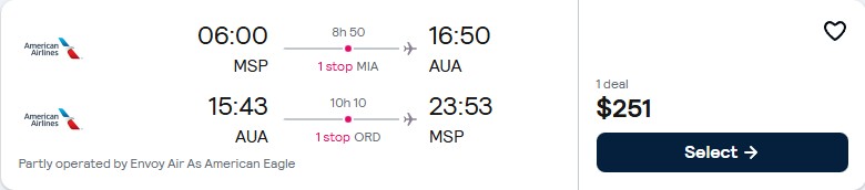 Cheap flights from Minneapolis to Aruba for only $251 roundtrip with American Airlines. Flight deal ticket image.