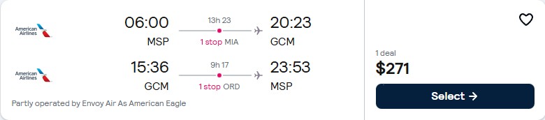 Cheap flights from Minneapolis to the Cayman Islands for only $271 roundtrip with American Airlines. Flight deal ticket image.