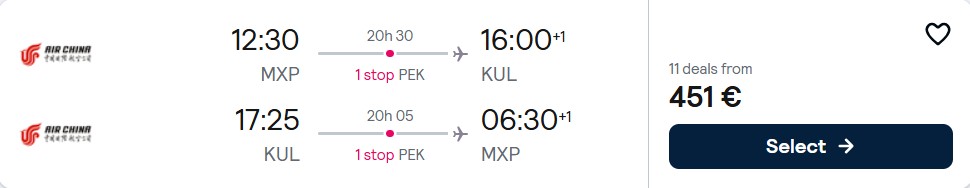 Click here to book this cheap flight deal. Cheap flights from Milan, Italy to Kuala Lumpur, Malaysia for only €451 roundtrip. Flight deal ticket image.