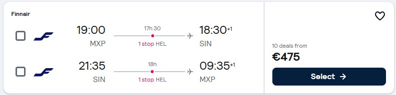 Cheap flights from Milan, Italy to Singapore for only €475 roundtrip with Finnair. Flight deal ticket image.