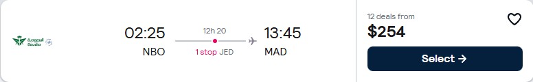 Click here to book this cheap flight deal. Cheap flights from Nairobi, Kenya to Madrid, Spain for only $254 USD one-way. Flight deal ticket image.