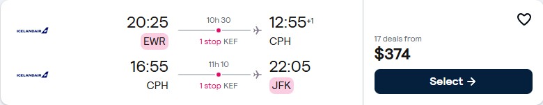 Cheap flights from New York to Copenhagen, Denmark for only $374 roundtrip. Flight deal ticket image.