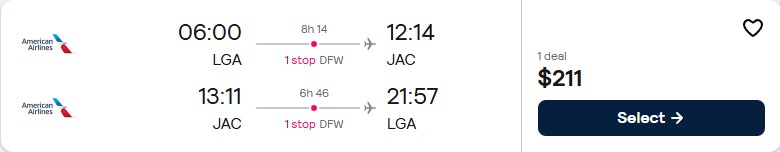 Cheap flights from New York to Jackson Hole, Wyoming for only $211 roundtrip with American Airlines. Also works in reverse. Flight deal ticket image.