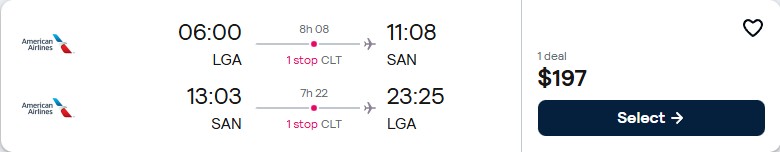 Cheap flights from New York to San Diego for only $197 roundtrip with American Airlines. Also works in reverse. Flight deal ticket image.