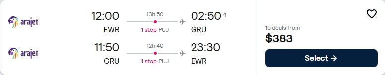 Summer flights from New York to Sao Paulo, Brazil for only $383 roundtrip. Flight deal ticket image.