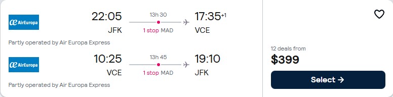 Cheap flights from New York to Venice, Italy for only $399 roundtrip with Air Europa. Flight deal ticket image.