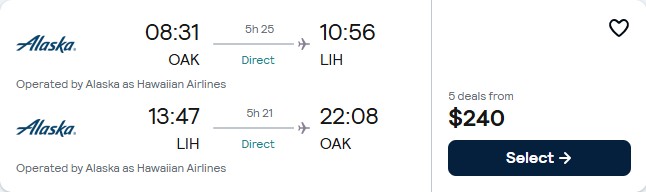 Non-stop flights from Oakland, California to Lihue, Hawaii for only $240 roundtrip. Also works in reverse. Flight deal ticket image.