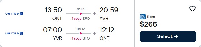 Summer flights from Ontario, California to Vancouver, Canada for only $266 roundtrip with United Airlines. Flight deal ticket image.