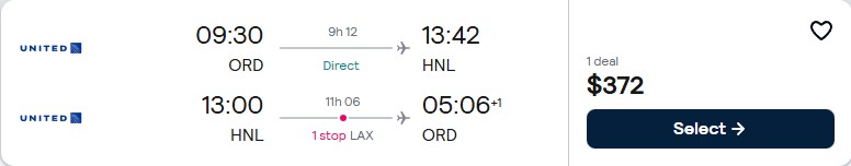Click here to book this cheap flight deal. Cheap flights from Chicago to Honolulu, Hawaii for only $372 roundtrip with United Airlines. Also works in reverse. Flight deal ticket image.