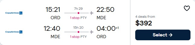 Click here to book this cheap flight deal. Cheap flights from Chicago to Medellin, Colombia for only $392 roundtrip with Copa Airlines. Flight deal ticket image.