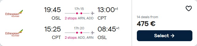 Cheap flights from Oslo, Norway to Cape Town, South Africa for only €475 roundtrip. Flight deal ticket image.