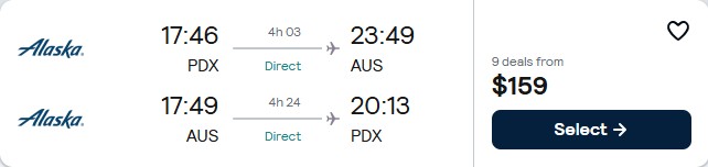 Non-stop flights from Portland, Oregon to Austin, Texas for only $159 roundtrip with Alaska Airlines. Also works in reverse. Flight deal ticket image.