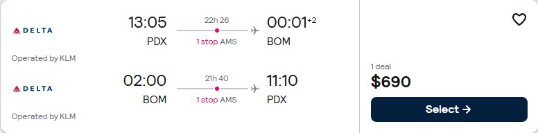 Cheap flights from Portland, Oregon to Mumbai, India for only $690 roundtrip with KLM. Flight deal ticket image.