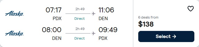 Non-stop flights from Portland, Oregon to Denver, Colorado for only $138 roundtrip with Alaska Airlines. Also works in reverse. Flight deal ticket image.