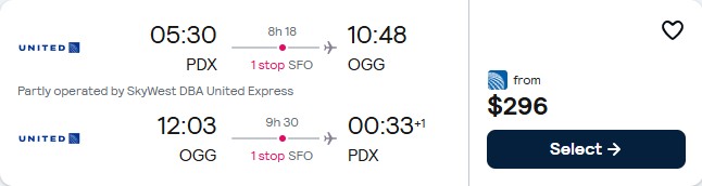 Cheap flights from Portland, Oregon to Kahului, Hawaii for only $296 roundtrip with United Airlines. Also works in reverse. Flight deal ticket image.