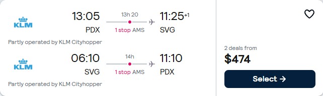 Click here to book this cheap flight deal. Cheap flights from Portland, Oregon to Stavanger, Norway for only $474 roundtrip with KLM. Flight deal ticket image.